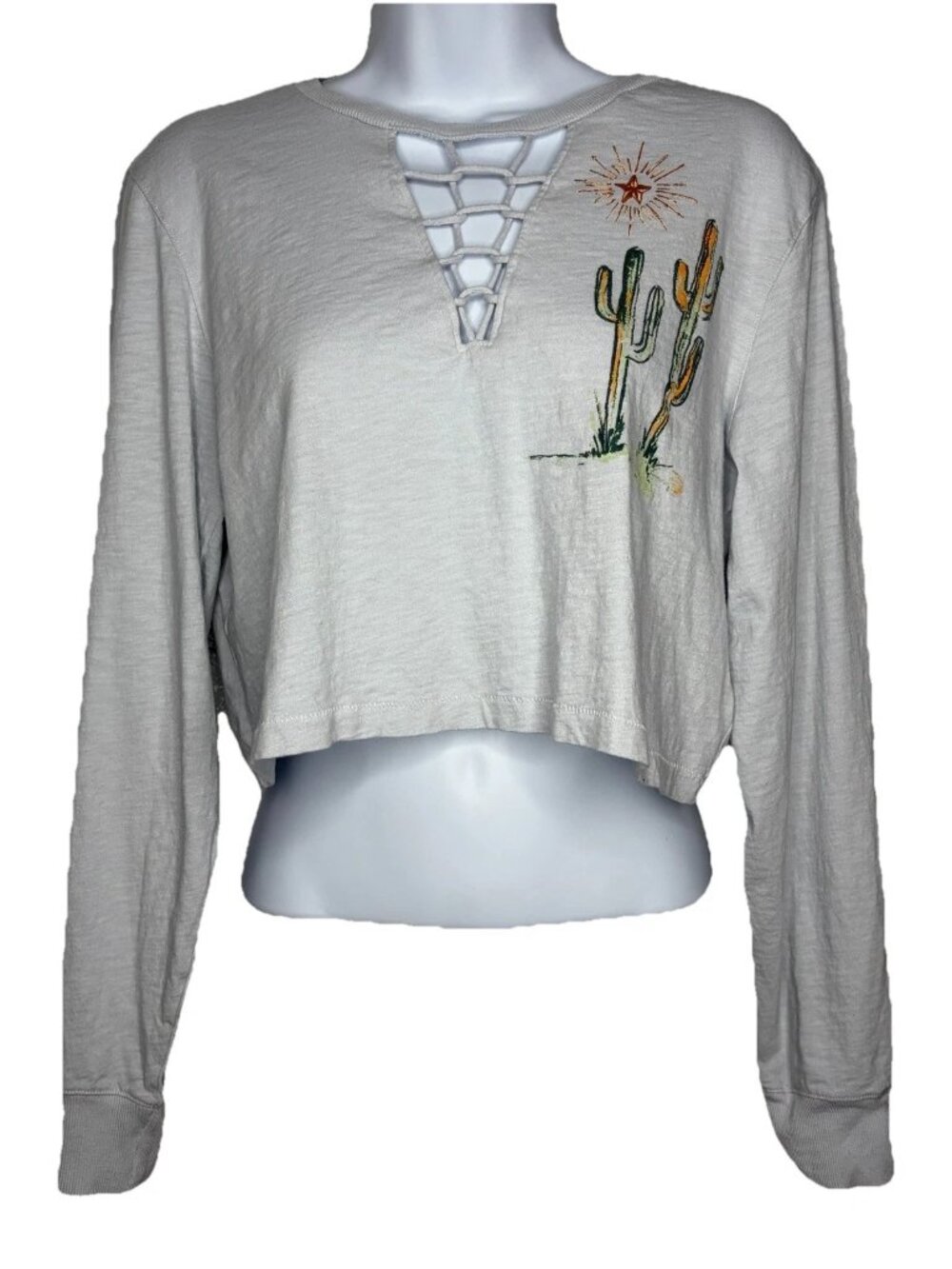 Shyanne Laced Up Crop T-shirt Sz XS Light Blue Cactus Wild Free Horse Butterfly